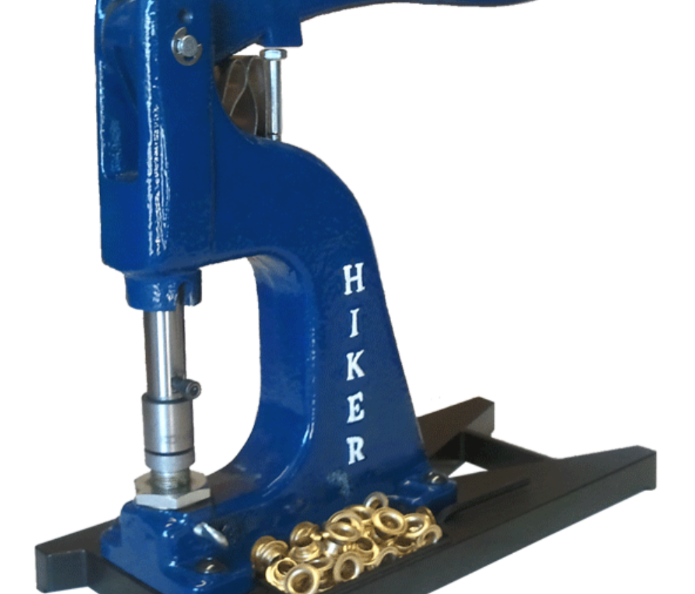 A blue Hiker grommet machine for banner-making