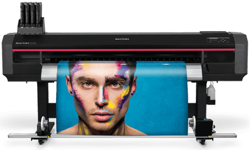 image of the Mutoh 1682SR XpertJet Dual Head Printer printing the face of a person wearing very colorful makeup